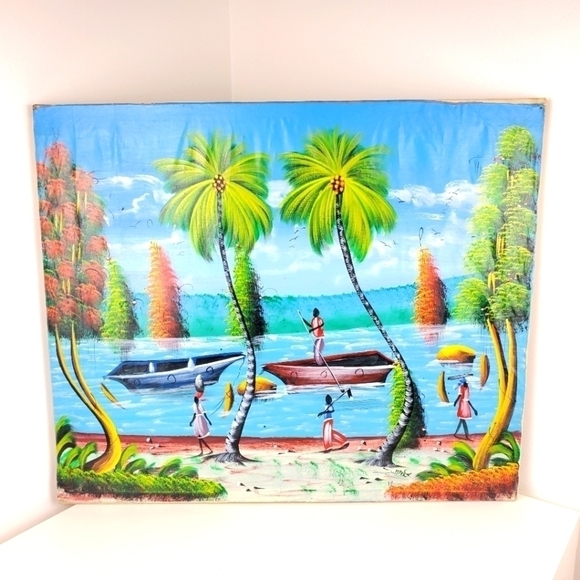 BEACH Oil Painting on Canvas from Haiti Island Vibes Carribean Size 24" X 20" - Picture 1 of 12